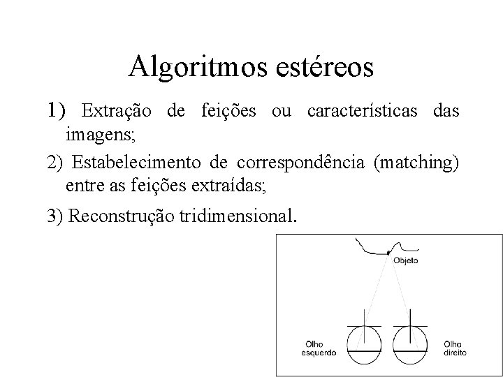 Algoritmos estéreos 1) Extração de feições ou características das imagens; 2) Estabelecimento de correspondência