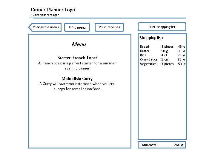 Dinner Planner Logo - Dinner planner slogan Change the menu Print receipes Print shopping