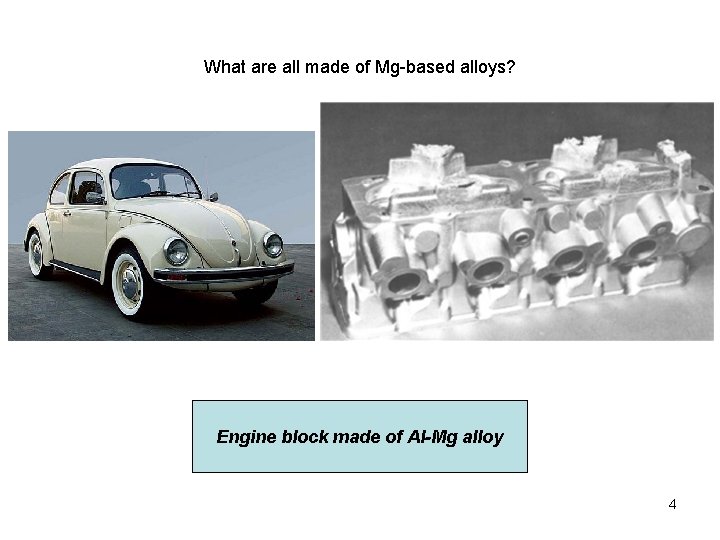 What are all made of Mg-based alloys? Engine block made of Al-Mg alloy 4