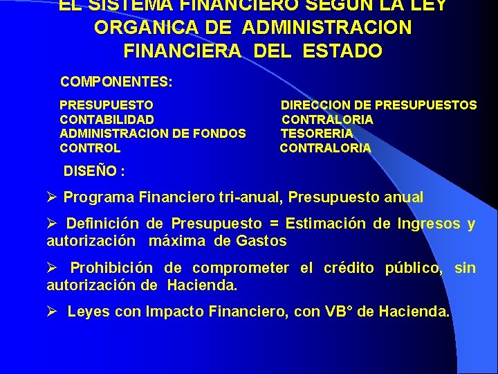 EL SISTEMA FINANCIERO SEGÚN LA LEY ORGANICA DE ADMINISTRACION FINANCIERA DEL ESTADO COMPONENTES: PRESUPUESTO