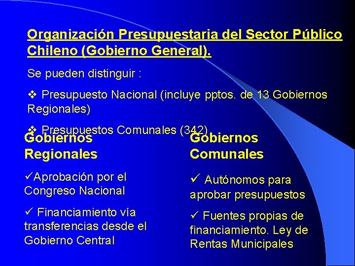 Organización Presupuestaria del Sector Público Chileno (Gobierno General). Se pueden distinguir : v Presupuesto