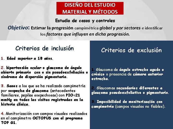 DISEÑO DEL ESTUDIO MATERIAL Y MÉTODOS Estudio de casos y controles Objetivo: Estimar la