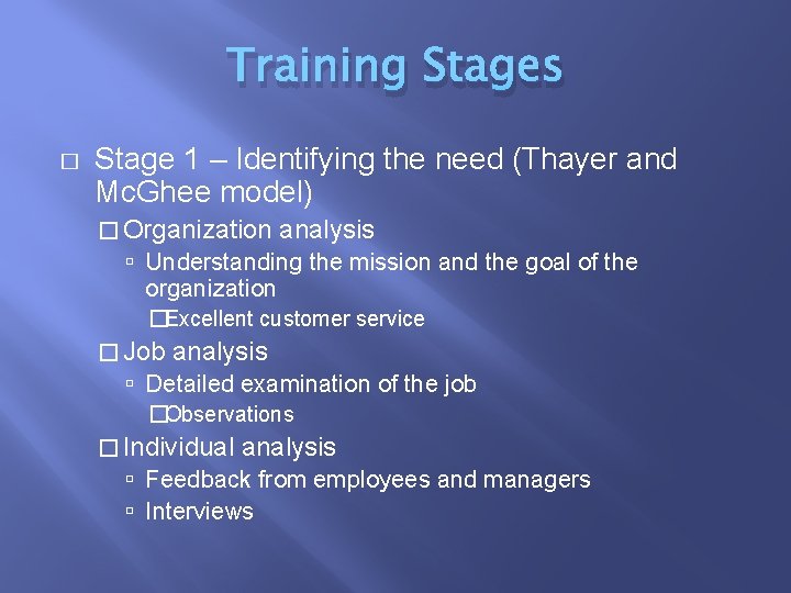 Training Stages � Stage 1 – Identifying the need (Thayer and Mc. Ghee model)