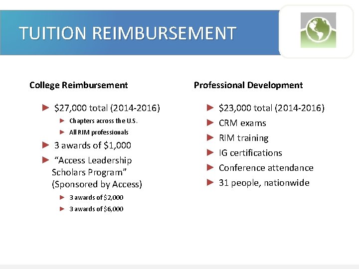 TUITION REIMBURSEMENT College Reimbursement ► $27, 000 total (2014 -2016) ► Chapters across the