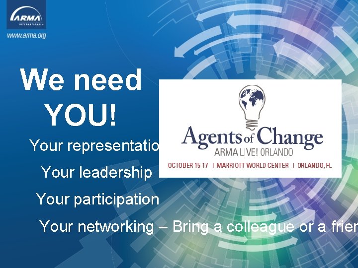 We need YOU! Your representation Your leadership Your participation Your networking – Bring a