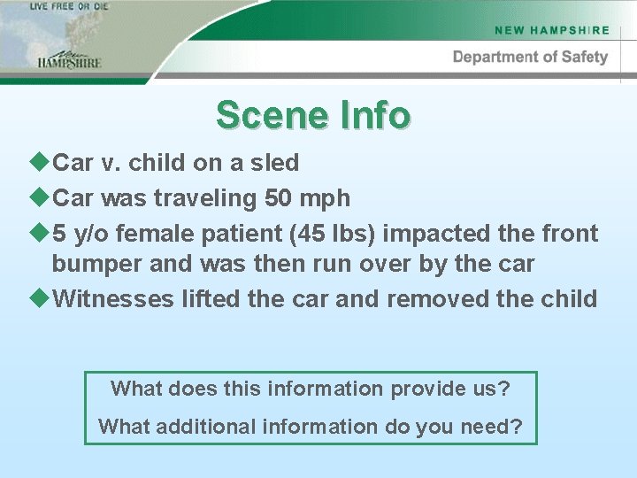 Scene Info u. Car v. child on a sled u. Car was traveling 50