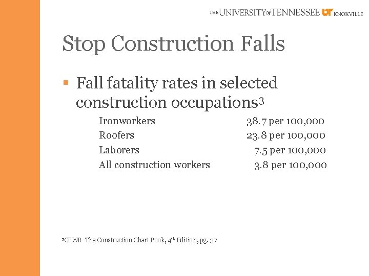 Stop Construction Falls § Fall fatality rates in selected construction occupations 3 Ironworkers Roofers