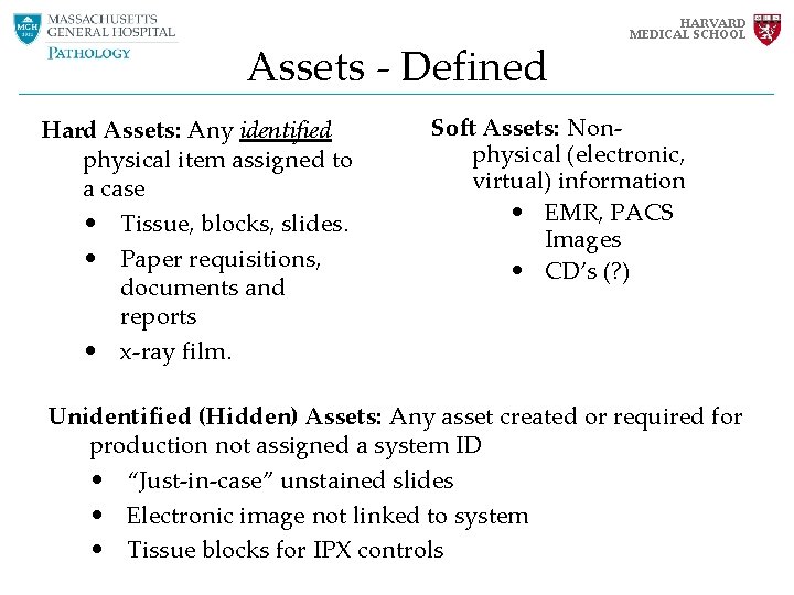 Assets - Defined Hard Assets: Any identified physical item assigned to a case • Assets - Defined Hard Assets: Any identified physical item assigned to a case •