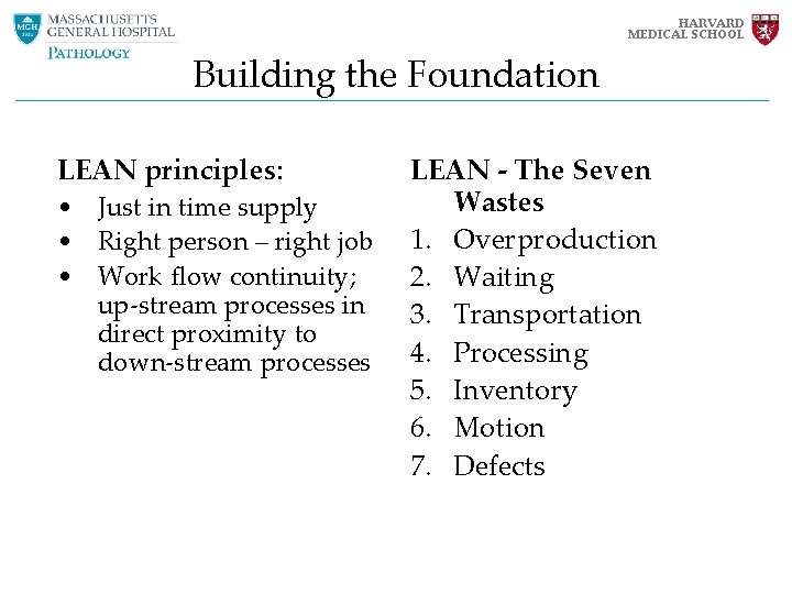 HARVARD MEDICAL SCHOOL Building the Foundation LEAN principles: • Just in time supply • HARVARD MEDICAL SCHOOL Building the Foundation LEAN principles: • Just in time supply •