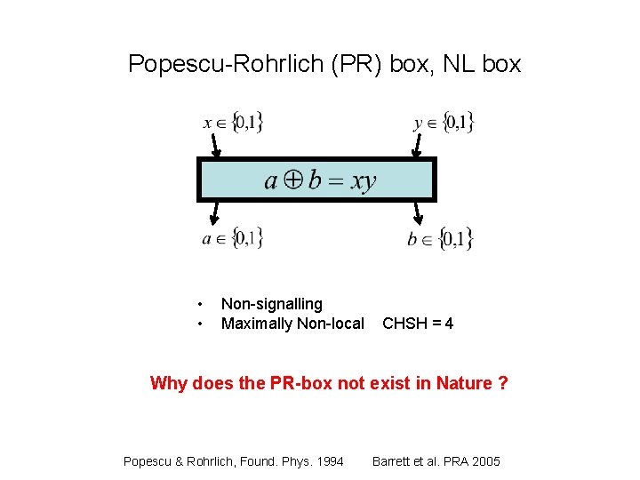 Popescu-Rohrlich (PR) box, NL box • • Non-signalling Maximally Non-local CHSH = 4 Why