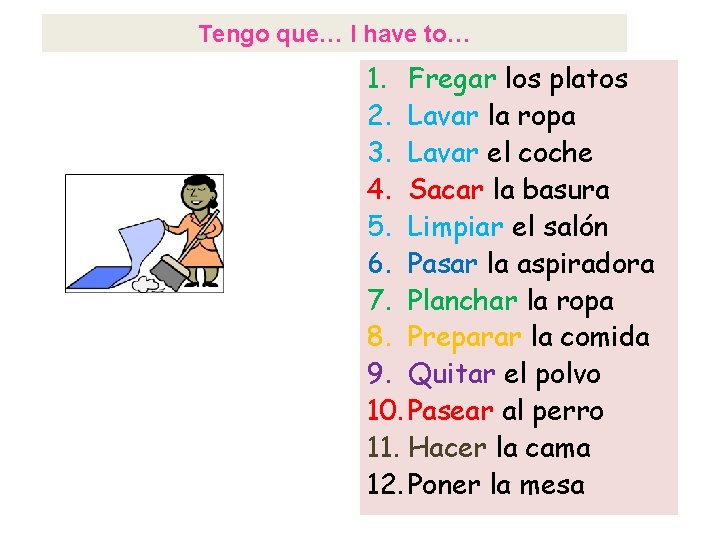 Tengo que… I have to… 1. Fregar los platos 2. Lavar la ropa 3.