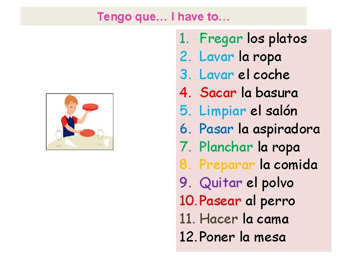 Tengo que… I have to… 1. Fregar los platos 2. Lavar la ropa 3.