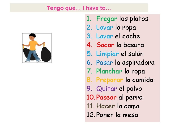 Tengo que… I have to… 1. Fregar los platos 2. Lavar la ropa 3.