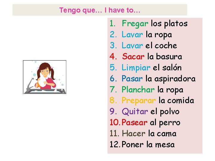 Tengo que… I have to… 1. Fregar los platos 2. Lavar la ropa 3.