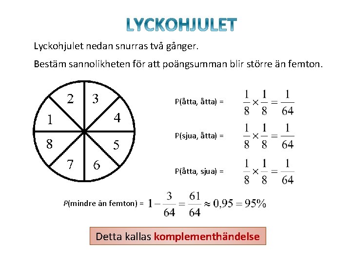 Lyckohjulet nedan snurras två gånger. Bestäm sannolikheten för att poängsumman blir större än femton.