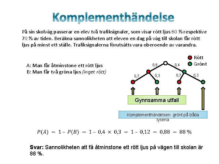 På sin skolväg passerar en elev två trafiksignaler, som visar rött ljus 60 %