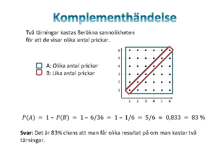 Två tärningar kastas Beräkna sannolikheten för att de visar olika antal prickar. A: Olika