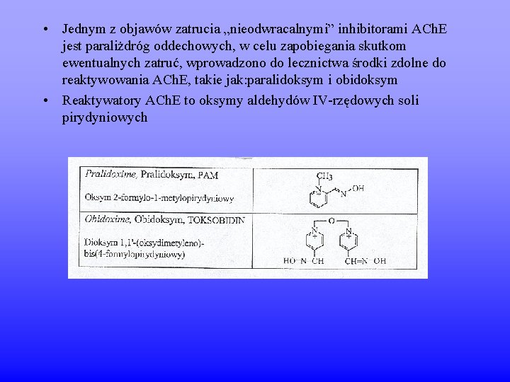  • Jednym z objawów zatrucia „nieodwracalnymi” inhibitorami ACh. E jest paraliżdróg oddechowych, w