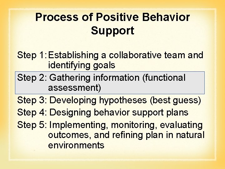 Process of Positive Behavior Support Step 1: Establishing a collaborative team and identifying goals