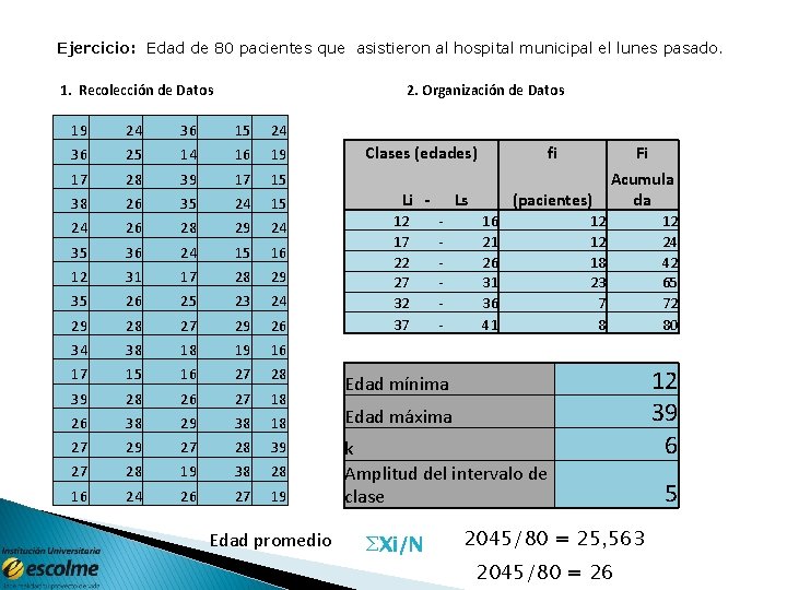 Ejercicio: Edad de 80 pacientes que asistieron al hospital municipal el lunes pasado. 1.