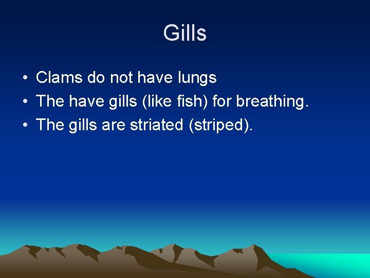 Gills • Clams do not have lungs • The have gills (like fish) for