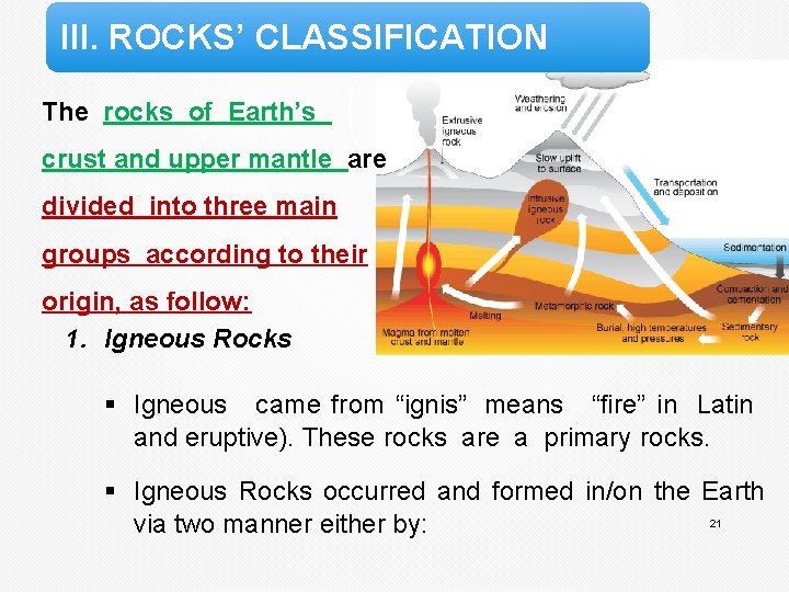 III. ROCKS’ CLASSIFICATION The rocks of Earth’s crust and upper mantle are divided into