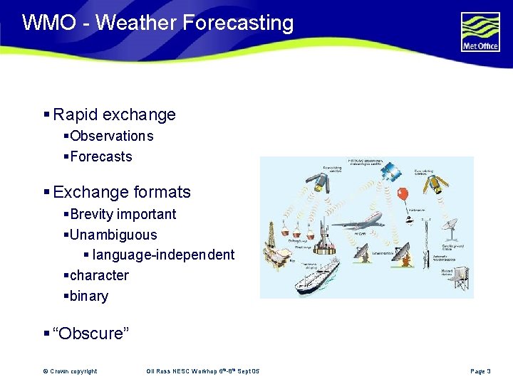WMO - Weather Forecasting § Rapid exchange §Observations §Forecasts § Exchange formats §Brevity important