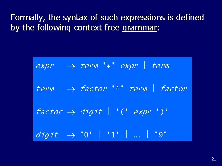 Formally, the syntax of such expressions is defined by the following context free grammar: Formally, the syntax of such expressions is defined by the following context free grammar: