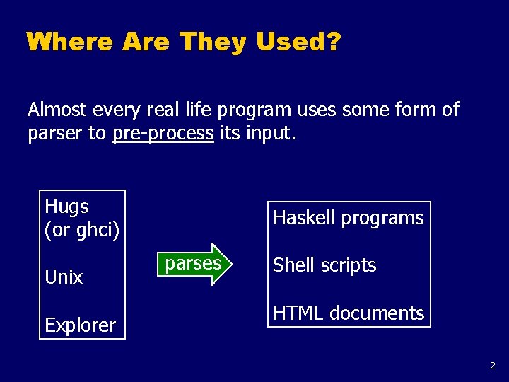 Where Are They Used? Almost every real life program uses some form of parser Where Are They Used? Almost every real life program uses some form of parser