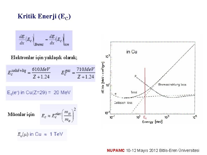 Kritik Enerji (EC) Elektronlar için yaklaşık olarak; Müonlar için NUPAMC 10 -12 Mayıs 2012