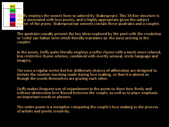 Duffy employs the sonnet form so adored by Shakespeare. This 14 -line structure is Duffy employs the sonnet form so adored by Shakespeare. This 14 -line structure is