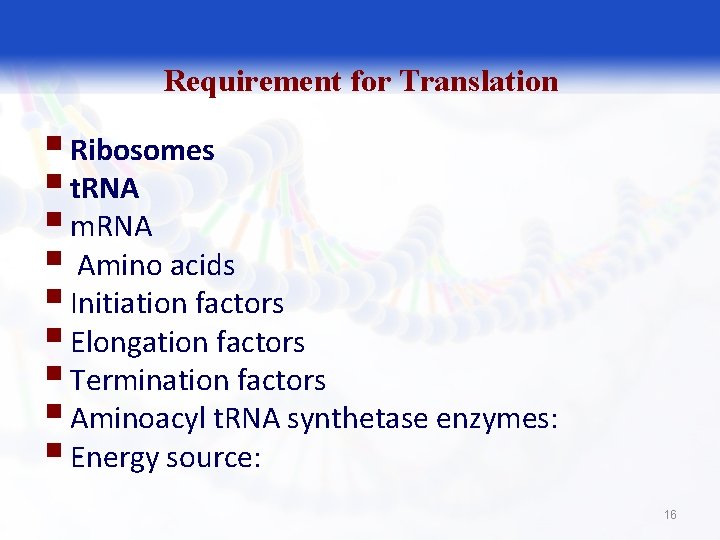 Requirement for Translation § Ribosomes § t. RNA § m. RNA § Amino acids