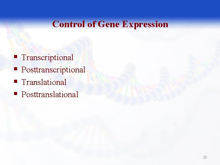 Control of Gene Expression § § Transcriptional Posttranscriptional Translational Posttranslational 28 