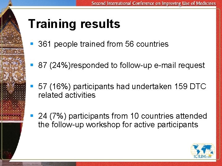 Training results § 361 people trained from 56 countries § 87 (24%)responded to follow-up