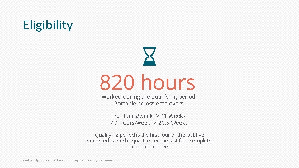 Eligibility 820 hours worked during the qualifying period. Portable across employers. 20 Hours/week ->