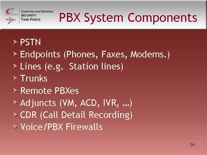 PBX System Components PSTN Endpoints (Phones, Faxes, Modems. ) Lines (e. g. Station lines) PBX System Components PSTN Endpoints (Phones, Faxes, Modems. ) Lines (e. g. Station lines)