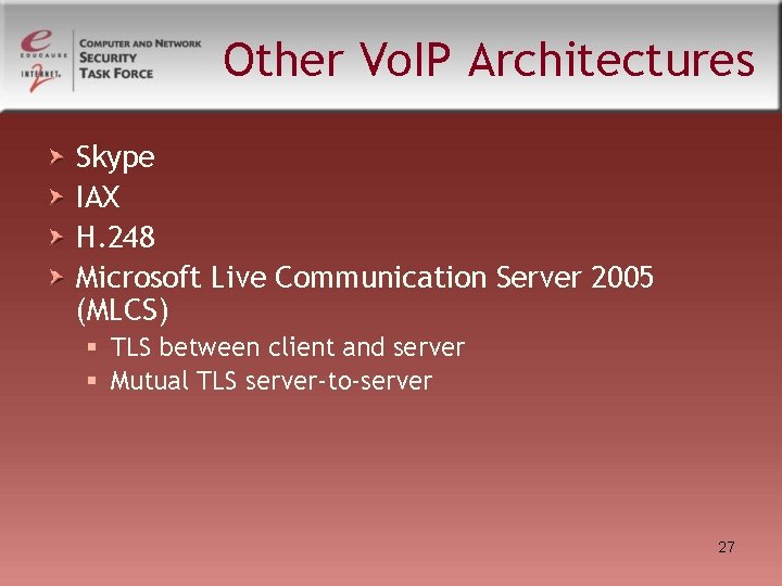 Other Vo. IP Architectures Skype IAX H. 248 Microsoft Live Communication Server 2005 (MLCS) Other Vo. IP Architectures Skype IAX H. 248 Microsoft Live Communication Server 2005 (MLCS)