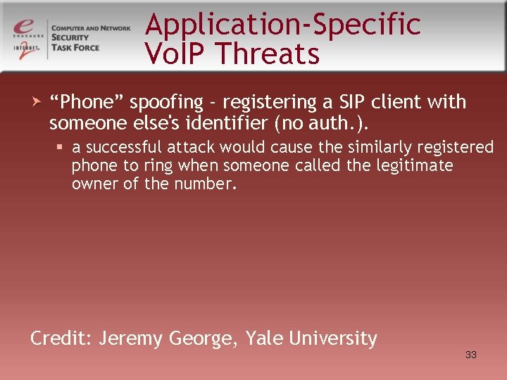 Application-Specific Vo. IP Threats “Phone” spoofing - registering a SIP client with someone else's Application-Specific Vo. IP Threats “Phone” spoofing - registering a SIP client with someone else's