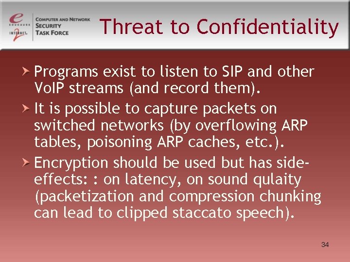 Threat to Confidentiality Programs exist to listen to SIP and other Vo. IP streams Threat to Confidentiality Programs exist to listen to SIP and other Vo. IP streams