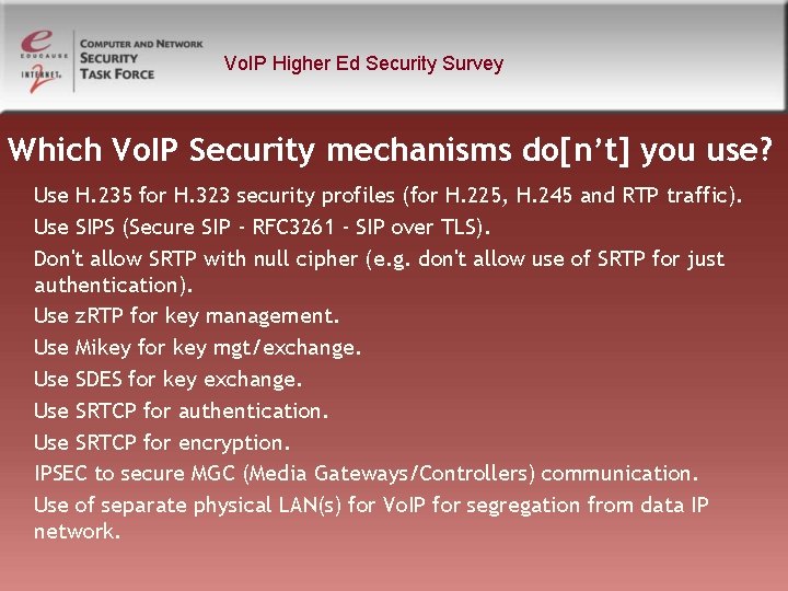Vo. IP Higher Ed Security Survey Which Vo. IP Security mechanisms do[n’t] you use?
