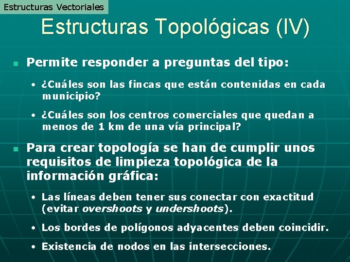 Estructuras Vectoriales Estructuras Topológicas (IV) n Permite responder a preguntas del tipo: • ¿Cuáles Estructuras Vectoriales Estructuras Topológicas (IV) n Permite responder a preguntas del tipo: • ¿Cuáles