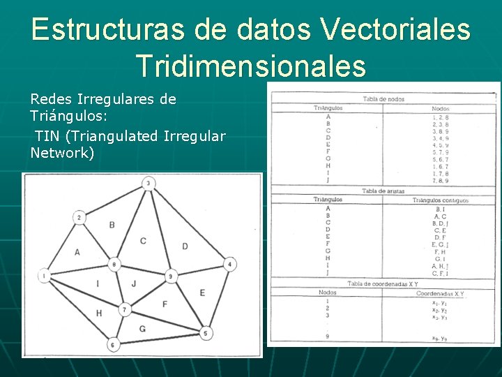 Estructuras de datos Vectoriales Tridimensionales Redes Irregulares de Triángulos: TIN (Triangulated Irregular Network) Estructuras de datos Vectoriales Tridimensionales Redes Irregulares de Triángulos: TIN (Triangulated Irregular Network)
