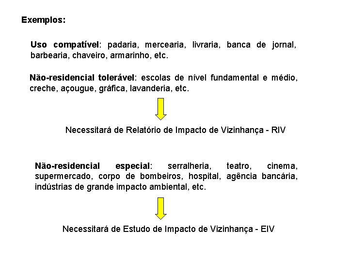 Exemplos: Uso compatível: padaria, mercearia, livraria, banca de jornal, barbearia, chaveiro, armarinho, etc. Não-residencial