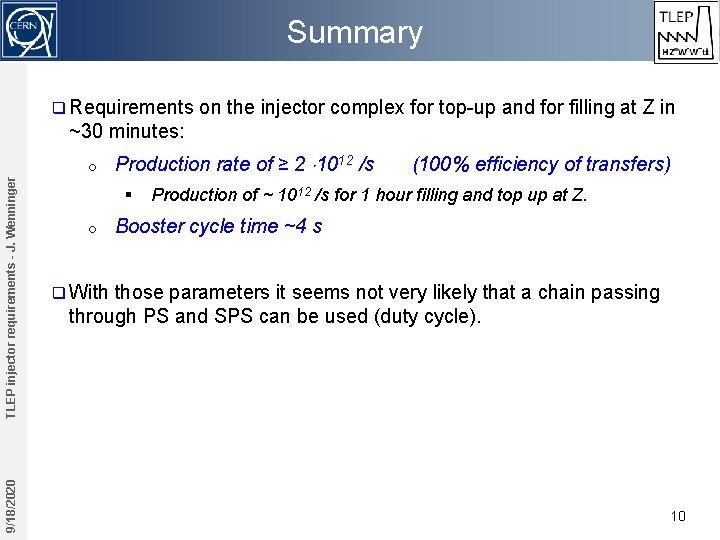 Summary q Requirements on the injector complex for top-up and for filling at Z