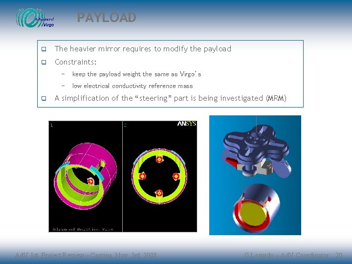 PAYLOAD q The heavier mirror requires to modify the payload q Constraints: − keep