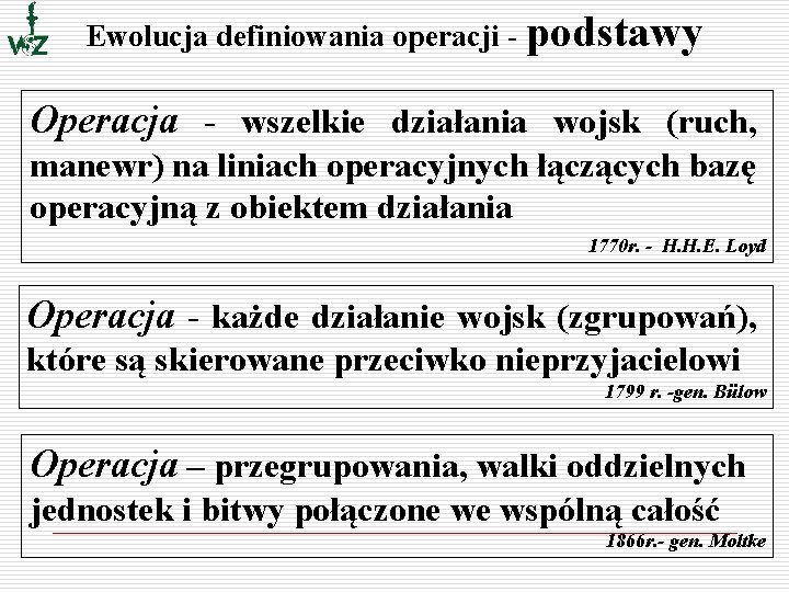 Ewolucja definiowania operacji - podstawy Operacja - wszelkie działania wojsk (ruch, manewr) na liniach