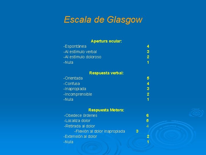 Escala de Glasgow Apertura ocular: -Espontánea -Al estímulo verbal -Al estímulo doloroso -Nula 4