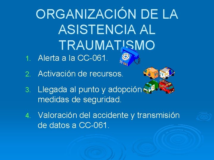 ORGANIZACIÓN DE LA ASISTENCIA AL TRAUMATISMO 1. Alerta a la CC-061. 2. Activación de