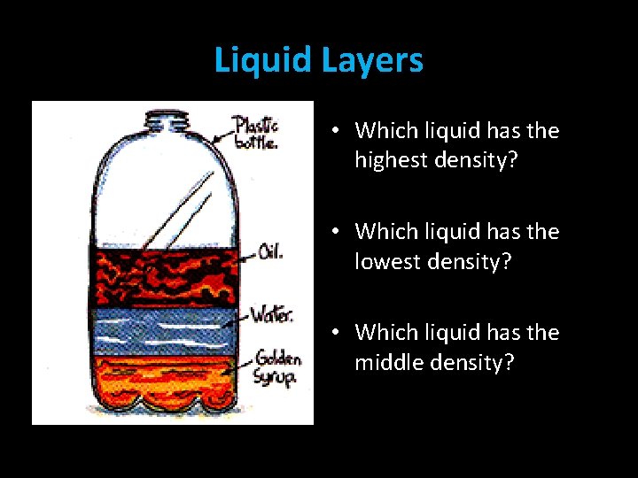 Liquid Layers • Which liquid has the highest density? • Which liquid has the