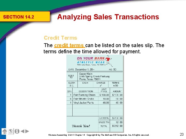 SECTION 14. 2 Analyzing Sales Transactions Credit Terms The credit terms can be listed